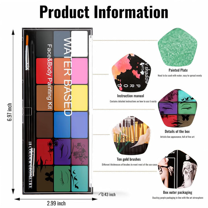 Face Painting Kit Non-Toxic Body Paint Washable 18 Colors Facepaint Makeup Kit for Adults with 10 Face Paint Brushes for Halloween Party Cosplay Makeup (Color 001)