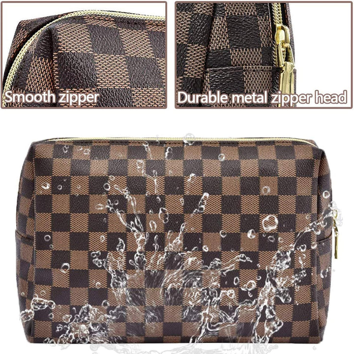 Makeup Bag, Cosmetic Bag, Portable Leather Large Checkered Makeup Bag, 2 Pack Large Capacity Travel Cosmetic Bag for Women, Lightweight Design and Waterproof Toiletries Bag Christmas Gifts