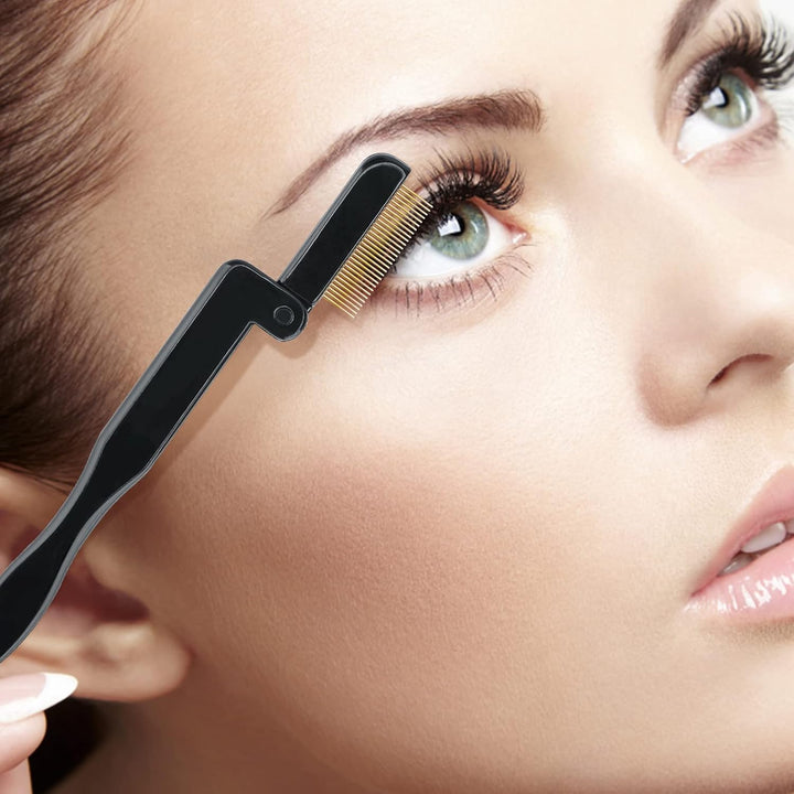 2PCS Folding Eyelash Comb, Eyelash Separator Tool, Black Eyebrow Comb Metal Teeth, Eyelash Brush Tool for Lash & Brow