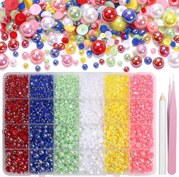 9000Pcs Flatback Pearls for Crafting, Silver Gold White Nail Half Pearls and Gems, 3-8Mm Color Pink Beige Purple Half round ABS Flatback Pearl Beads Bedazzling for Nails DIY Shoes Clothes Bags