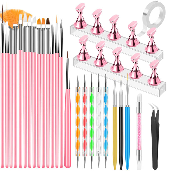 Nail Art Tools Set, Nail Stand for Press on Holder for Painting Nails, Nail Art Brushes, Liner Brushes, Nail Dotting Tool, Must Haves Design Tools for Nail Tech & Beginners Nail Art Supplies Kit