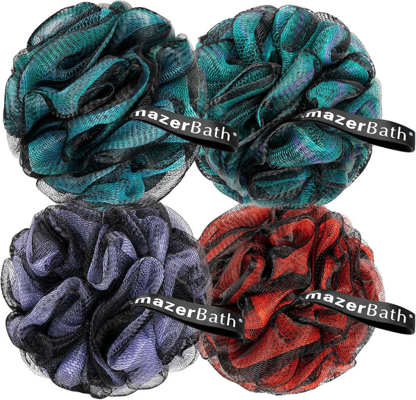 Charcoal Loofah Sponge, Shower Loofah 60G/Pcs - Body Scrubber Loofa Set of 4 - Charcoal Blue, Green, Purple & Red, Bath Sponge for Men and Women