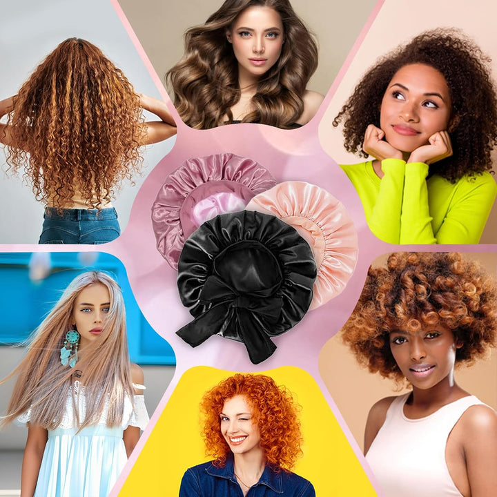 Silk Bonnet Satin Bonnet for Sleeping Large Bonnets with Tie Band Hair Wrap with Adjustable Straps Hair Cap for Women Curly Black