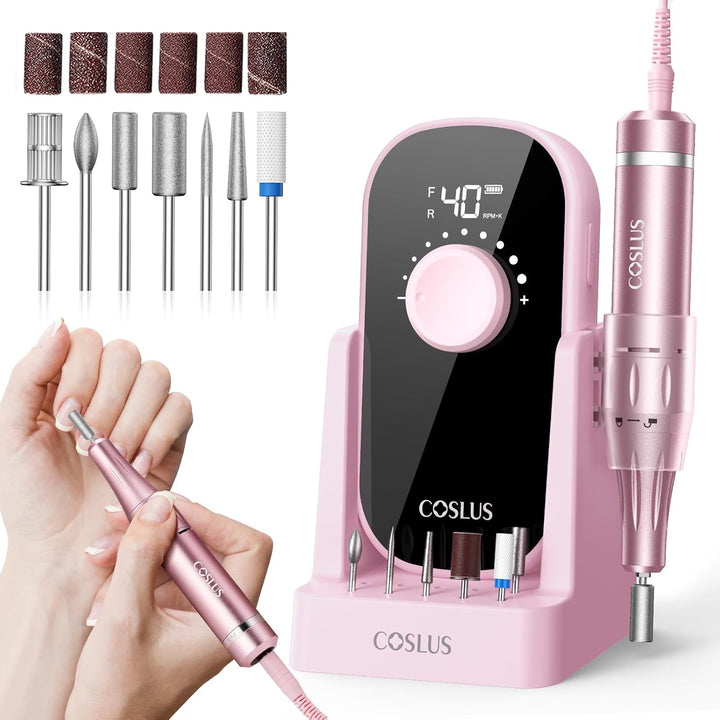 Professional Rechargeable Electric Nail Drill 40000 RPM, Portable Nail File with Storage Stand for Acrylic Gel Polishing Removing - Easy to Use for Women, Manicure at Home DIY or Salon, Pink