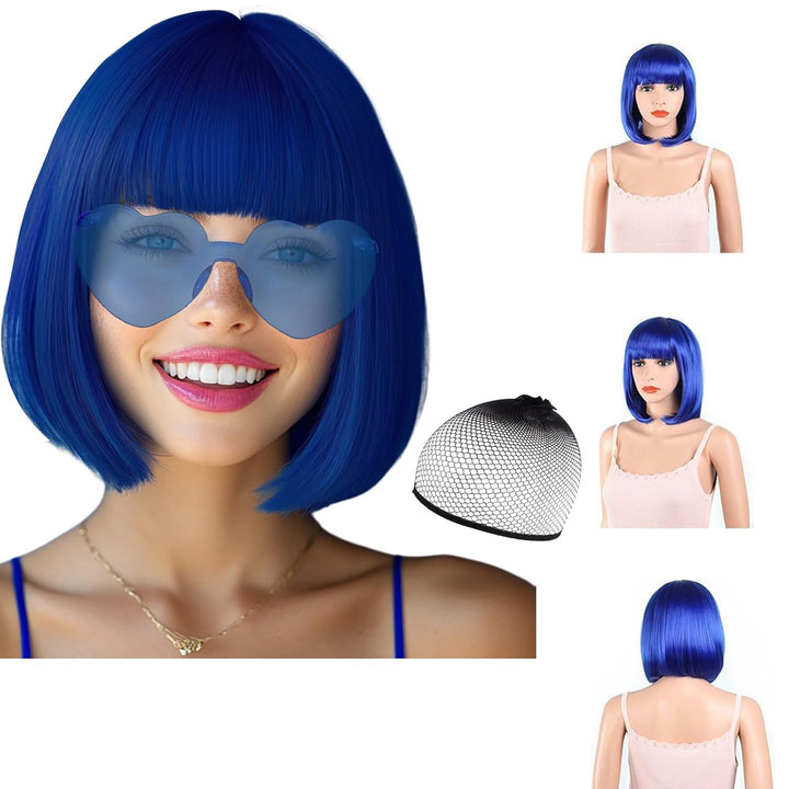 Short Bob Hair Wigs Straight with Flat Bangs Synthetic Colorful Cosplay Daily Party Neon Wig for Women + Free Wig Cap 14" Natural as Real