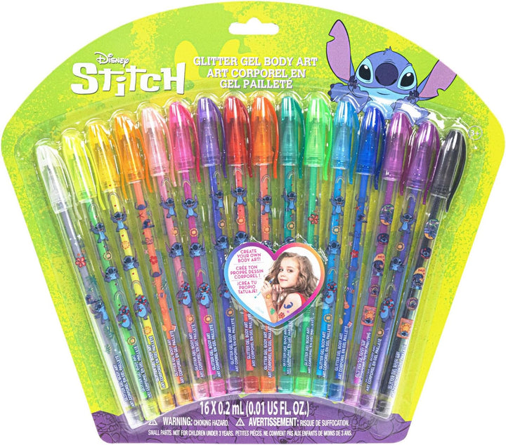 Disney Stitch 16 Piece Glitter Pen Body Art Set, Glittery and Bright Colors, Ages 3+ by