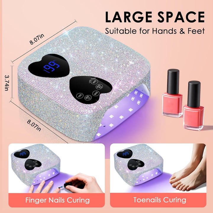 UV LED Nail Lamp Cordless,  80W Rechargeable UV Light for Gel Nails, Professional Gel Light Dryer with 5 Timers & Mirror Base, Sparkling Rhinestones Diamond Curing Lamp for Salon & Home
