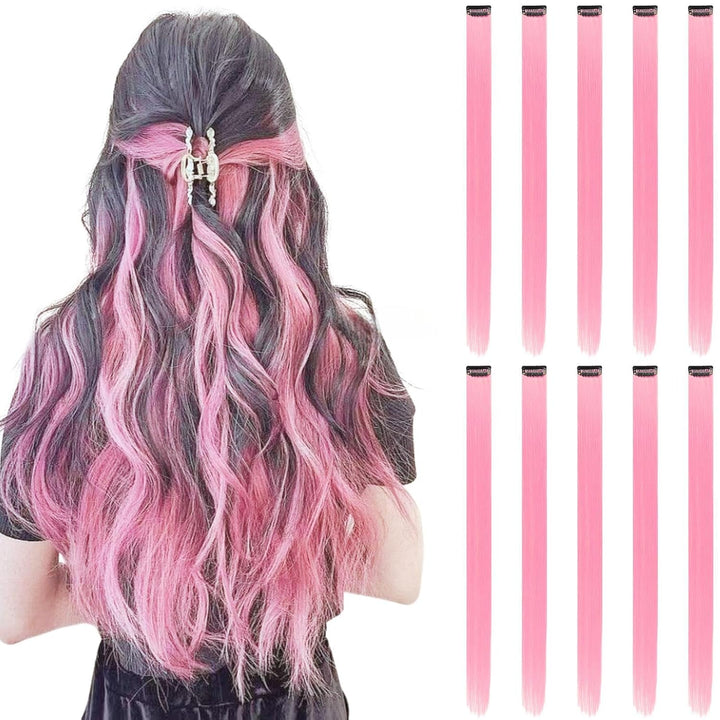 Pink Hair Extensions Clip In, 22 Inch 10 Pcs Long Straight Colored, for Kids Girls Women Highlight Party, Synthetic