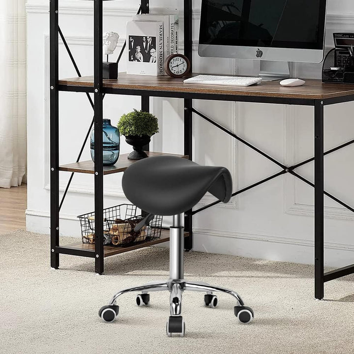Rolling Saddle Stool PU Leather Swivel Adjustable Rolling Stool with Wheels Salon Chair Black