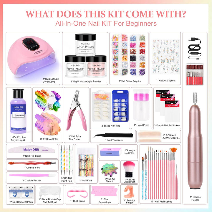 Acrylic Nail Kit Starter Set Acrylic Powder with Nail Drill U V Light Professional Tools with Decoration Everything for Beginners Home Salon Gifts (Clear/White/Nude)
