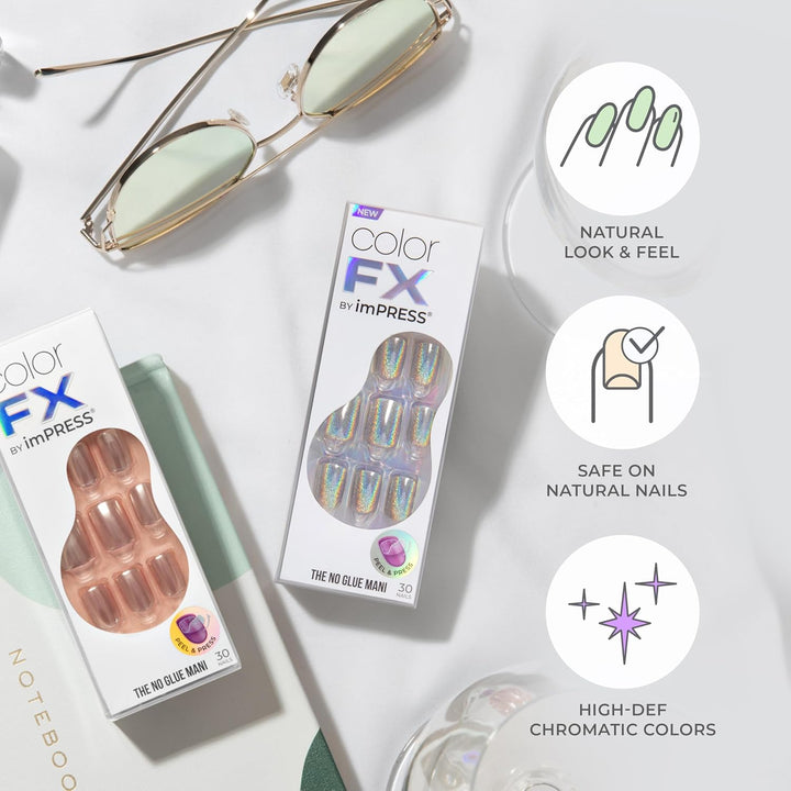 No Glue Mani Press on Nails, Color FX, 'Hidden Gem', Red, Short Size, Oval Shape, Includes 30 Nails, Prep Pad, Instructions Sheet, 1 Manicure Stick, 1 Mini File