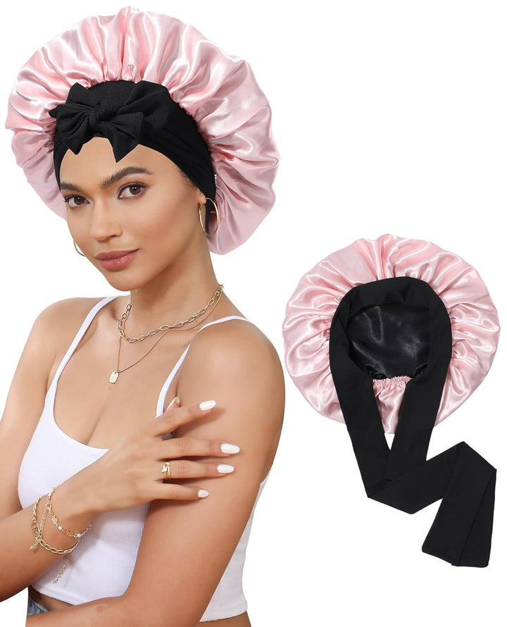Satin Bonnet for Sleeping Cap Double Layer Hair Bonnet with Elastic Tie Band for Curly Hair Night Cap (Bean Paste + Pink)
