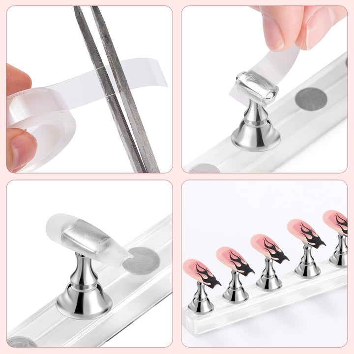 Nail Stand Acrylic Nail Art Display Stand Practice Nail Holder for Painting Nails Magnetic Practice Stands with Double-Sided Tape for DIY Salon Supplies (Silver)