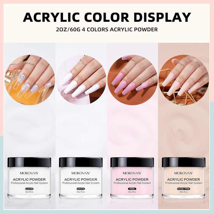 Acrylic Nail Powder Set: 4 Colors Clear Nude Pink White Acrylic Powder for Nail Extension Carving