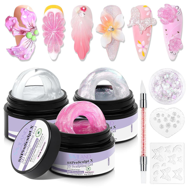 Sspro X 3D Nail Gel Set: 12 Colors Non-Sticky Soak off 3D Sculpting Gel for Nail Art Painting Drawing Hand Carving Molding with Sculpture Pen for 3D Nail Art Design Home Salon Manicure DIY