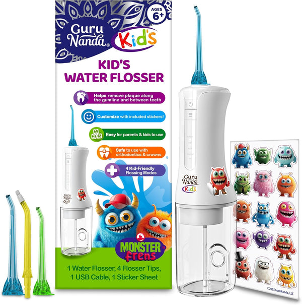 Kids Water Dental Flosser - 4 Flossing Modes, 4 Nozzles, 2-Min Smart Timer, Ages 6+, Monster Frens Theme, Portable Oral Care for Kids