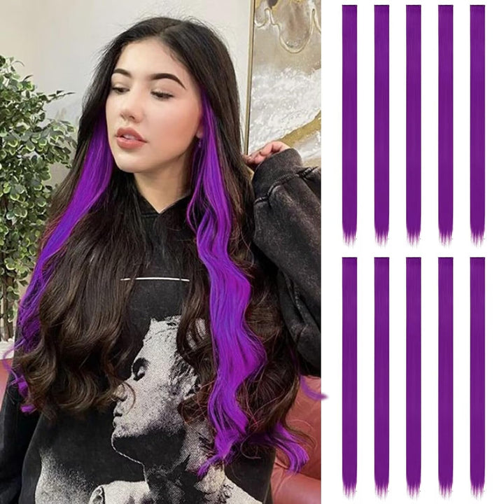 Colored Clip in Hair Extensions - 10 PCS Skyblue Light Blue Highlighted Hair Piece Straight Synthetic Clip in Hairpieces for Women 22 Inch