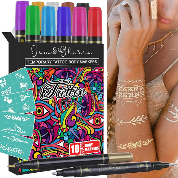 Body Art Tattoo Pen Dual Tip 10 Colors with GOLD SILVER Temporary Tattoo Markers Skin Pen Body Markers Skin Marker Face Paint Kids Teen Girl Gifts Trendy Stuff 8 9 10 11 12 13 14 Years Old