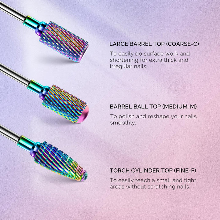 Nail Drill Bits Set, 7Pcs Tungsten Carbide Diamond Nail Drill Bits for Acrylic Nails Poly Gel Cuticle Remove, 3/32'' Professional Nail Bits for Nail Drill Efile, Manicure Pedicure Tools
