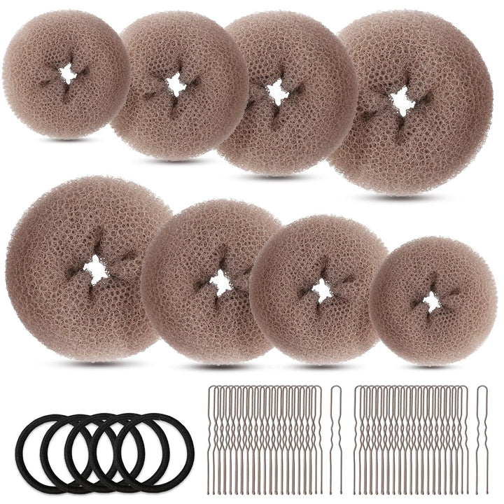 Hair Bun Maker Set, Donut Bun Maker Set with 4Pcs Dark Brown &4Pcs Beige(2 Extra-Large,2 Large,2 Medium and 2 Small), 5 Pieces Hair Elastic Bands, 40 Pieces Hair Bobby Pins (Brown and Gold)