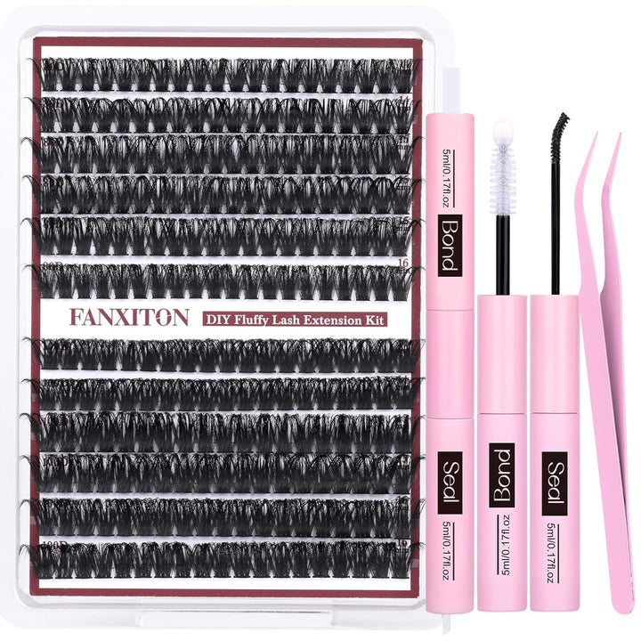 DIY Lash Extension Kit Volume Lash Clusters 40D+50D D Curvature Individual Lashes Lash Clusters Kit Thick Eyelash Extension Kit 280 Pcs Thin Band Cluster Lashes Lash Bond and Seal Tweezers
