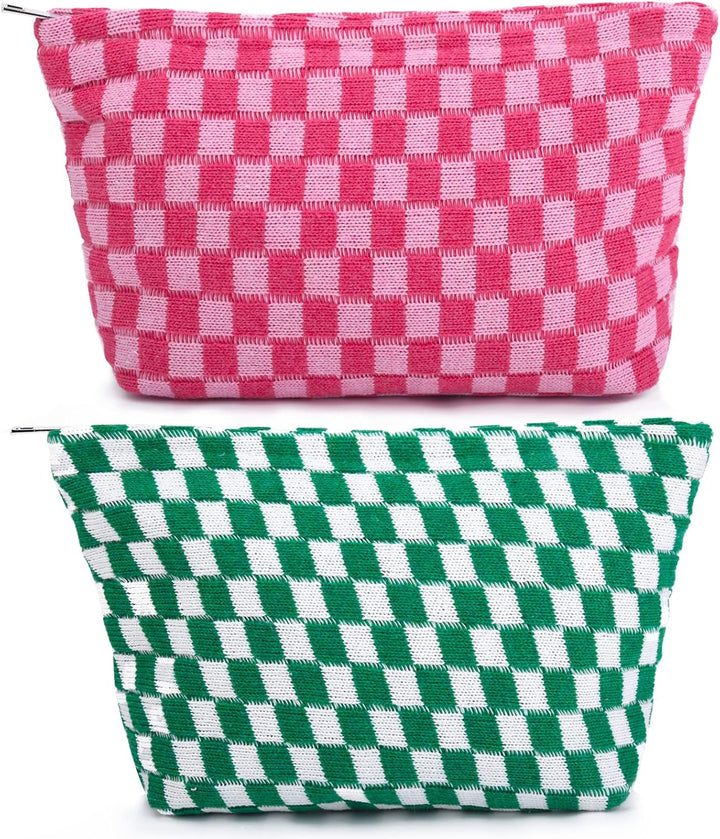 2 Pieces Makeup Bag Large Checkered Cosmetic Bag Capacity Canvas Mix Travel Toiletry Bag Organizer Cute Makeup Brushes Aesthetic Accessories Storage Bag for Women, Checkered Mix Rose Red