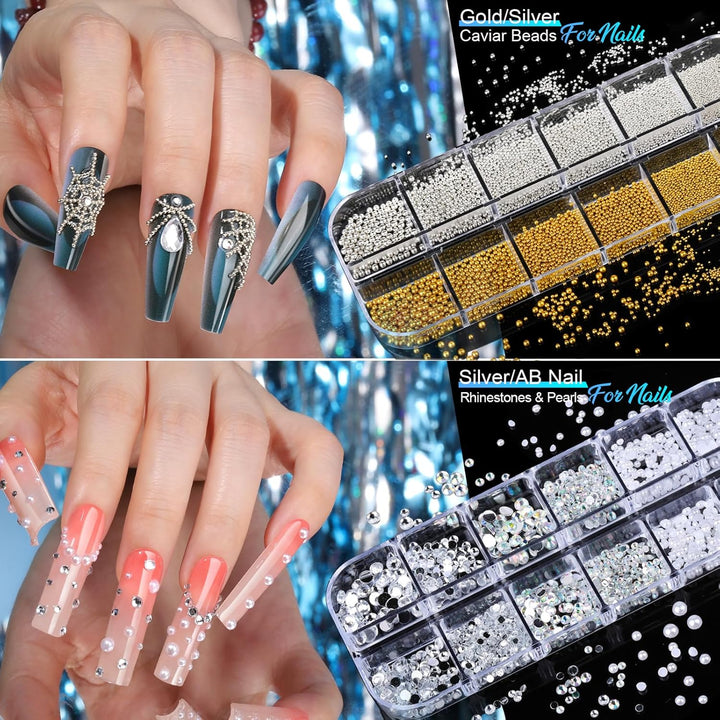 Nail Charms Nail Stickers for Nail Art Kit, 8 Boxes Nail Rhinestones Nail Gems Pearls for Nails with 20 Sheets Nail Art Stickers, 3D Gold Nail Charms and Gems Nail Supplies Nail Art Tools