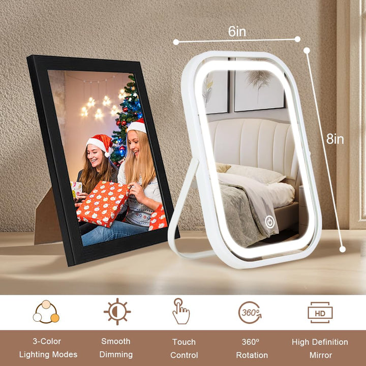 Travel Makeup Mirror with Lights, Portable Small Beauty LED Vanity Mirror with Lights, 1200Mah Battery, Dimmable Touch Screen, Tabletop Folding Compact Mirror,Women Gift
