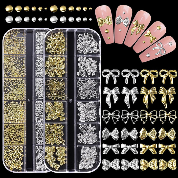 2 Boxes Gold Star Nail Gems Charms, Metal Starshine Studs, Silver Golden Micro Caviar Beads, DIY Accessories for Nail Art