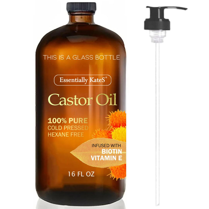 Castor Oil 16 Fl Oz (Glass Bottle) - Original - a Huge Glass Bottle with a Pump - 100% Pure and Natural, Cold Pressed, and Hexane-Free - Hair and Body