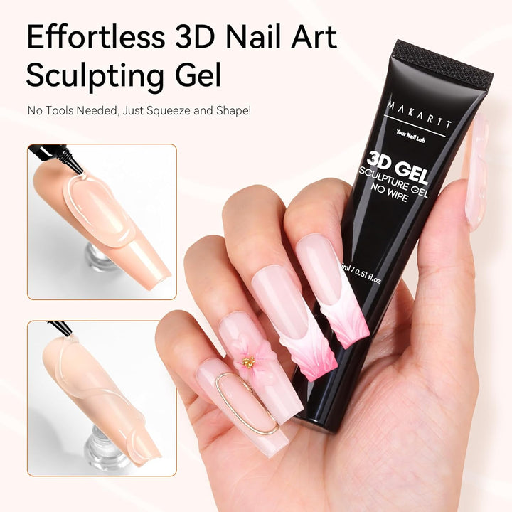 3D Gel Nail Art, Sculpting Gel Glue for Drawing, Molding, Sculpture, Gems and Decoration, No Wipe Clear Gel Polish for DIY Nail Designs, 15G