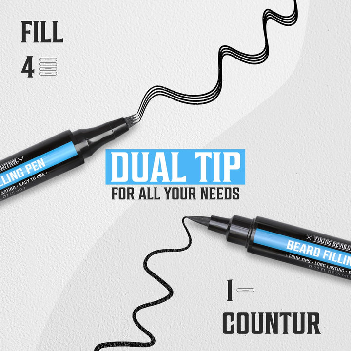 Beard Pen (2 Pack) - Black Beard Pencil Filler for Men Lapiz Para Barba De Hombre - Beard Filler for Men Waterproof Beard Filling Pen Kit - Long Lasting Beard Filler Pen with Brush