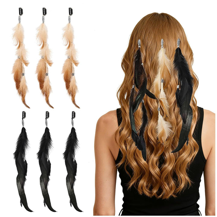 Feathers Hair Extensions for Women Boho Clip-In Hair Feather Accessories for Carnival Halloween Party Performances Photo Shoots, Brown Black Dark Coffee(3 Pcs)