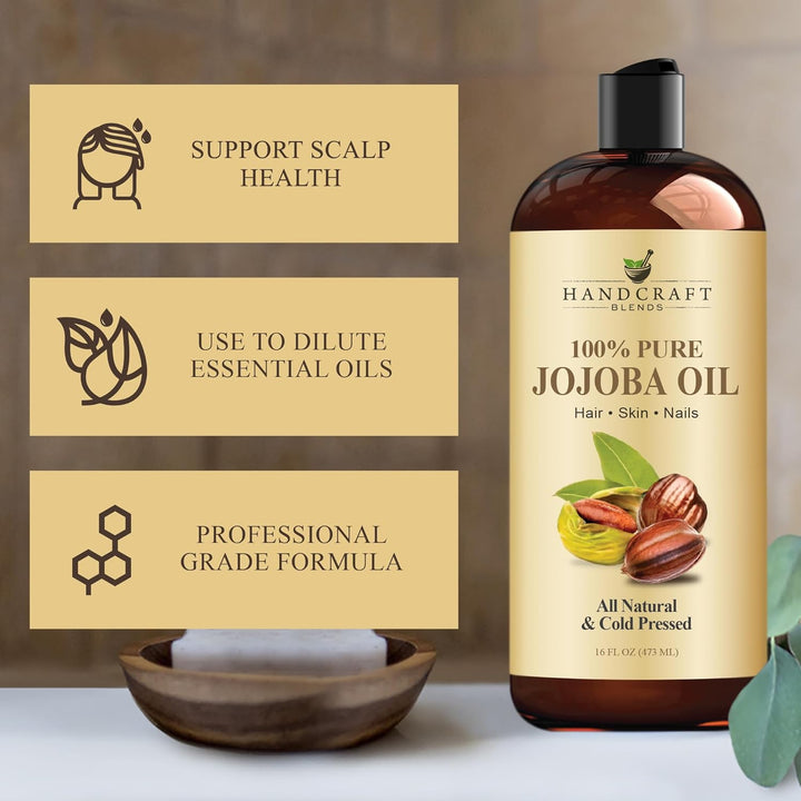 Jojoba Oil - Cold-Pressed 16 Fl Oz - 100% Pure and Natural Premium Grade Carrier Oil for Skin and Hair - Body Massage - Hexane-Free - Hair Relaxer for Tight Curls