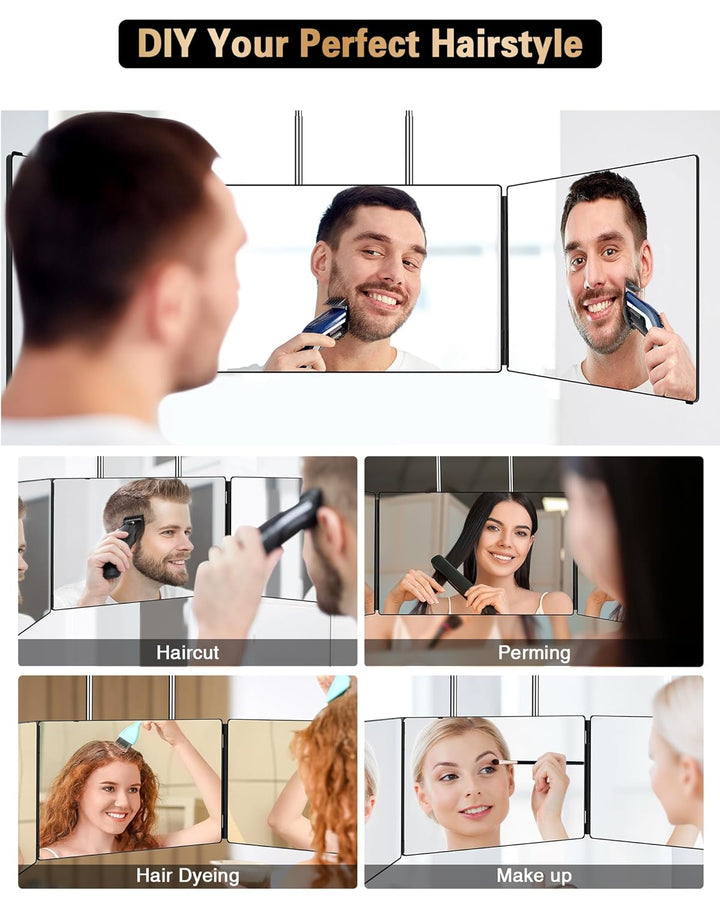 360 Viewing Angle Self Hair Cutting Mirror, Clear Anti-Fog HD Glass (Black without LED without Accessories)