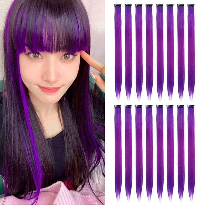 32Packs Colored Hair Extensions 20Inch Straight Color Clip in on Hair Extension Rainbow Party Highlights Synthetic Hairpiece for Girls (16 Colors)