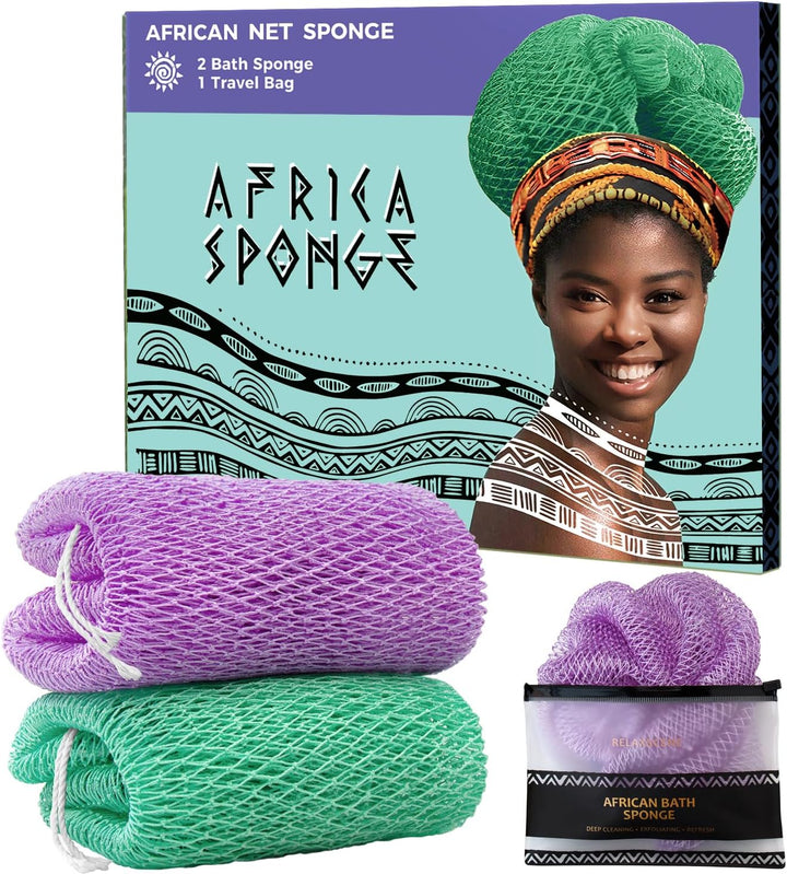 African Net Sponge Authentic - 2 Pieces Loofah Exfoliating Body Scrubber Bath Sponge - Back Scrubber Washcloth for Shower - Real African Scrub Exfoliator Body Care Bathing Accessories for Women