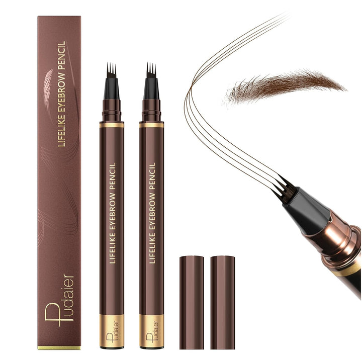 2 Pack Eyebrow Pen, Waterproof Microblading Eyebrow Pencil, 4 Tip Precise Eye Brow Makeup Pen for Women to Effortlessly Create Hair like Natural Brows, Non Dry Out and Last All Day (Dark Brown)