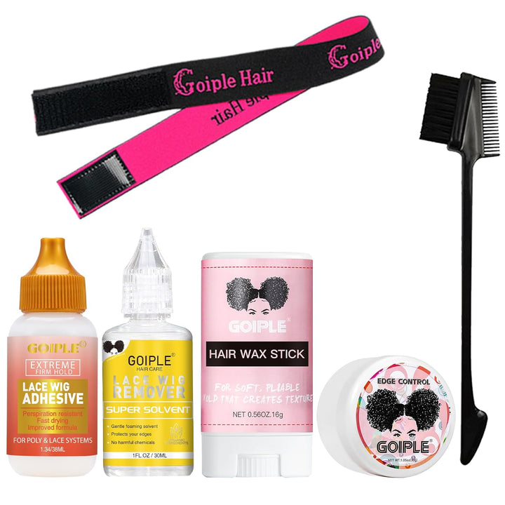 Wig Glue 1.28OZ, Waterproof Lace Front Adhsive for Wigs with Tools and Hair Wax Stick (Lace Adhesive/Wig Glue Remover/Wax Stick/Edge Control Wax/Elastic Band/Hair Dual Drush/Wigs Caps)