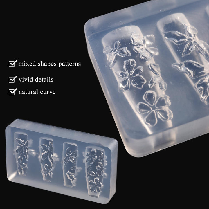 Silicone Nail Molds, 2PCS Reusable Clear 3D Flowers Nail Art Molds with Carving Pen Cherry Blossom Plumeria Hibiscus Flower Nail Design Manicure Template DIY Charms Resin Craft Accessories