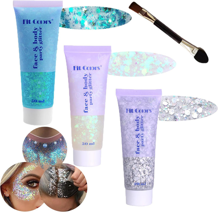 Body Glitter Face Glitter Gel: Singer Concerts Disco Festival Rave Accessories Face Glitter Makeup 150Ml Chunky Sequins Mermaid Face Body Hair Glitter Gel (White&Silver&Pink)