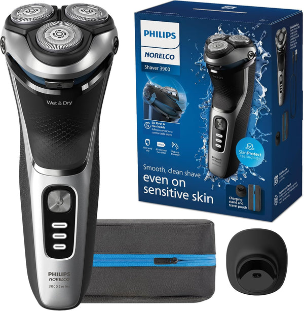Shaver 3900 Series, Wet and Dry Electric Shaver, P-Cap, Travel Pouch, Charging Stand, Storm Blue, Model S3341/92