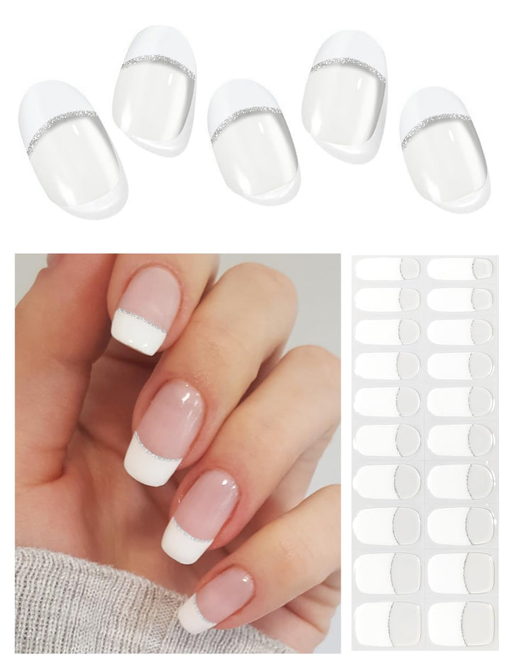 Semi Cured Gel Nail Strips (A White French Tip), Clear Base, 20 Pcs Gel Nail Wraps, Stickers, UV Light Required, Salon Quality, Long Lasting