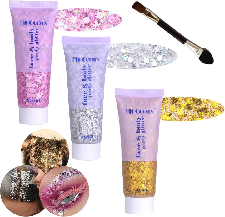 Body Glitter Face Glitter Gel: Singer Concerts Disco Festival Rave Accessories Face Glitter Makeup 150Ml Chunky Sequins Mermaid Face Body Hair Glitter Gel (White&Silver&Pink)