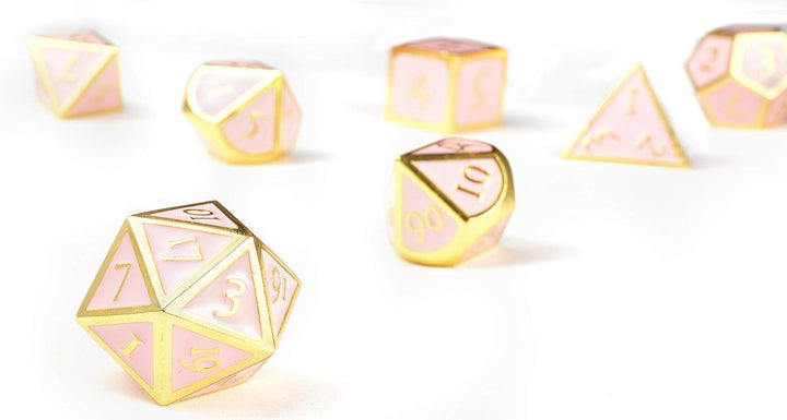 Polyhedral Metal Game Dice Cream Pink with Gold Trims 7Pc Set for Dungeons and Dragons RPG MTG Table Games D&D Pathfinder Shadowrun and Math Teaching