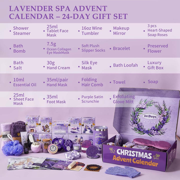 Advent Calendar 2025 Adult Women -24 Days of Christmas Advent Calendar for Mom, Wife, Girlfriend, Sister, Her - Lavender Spa Gifts Basket Set Includes Coffee Mugs, Scented Candle, Bath Salt, Soap