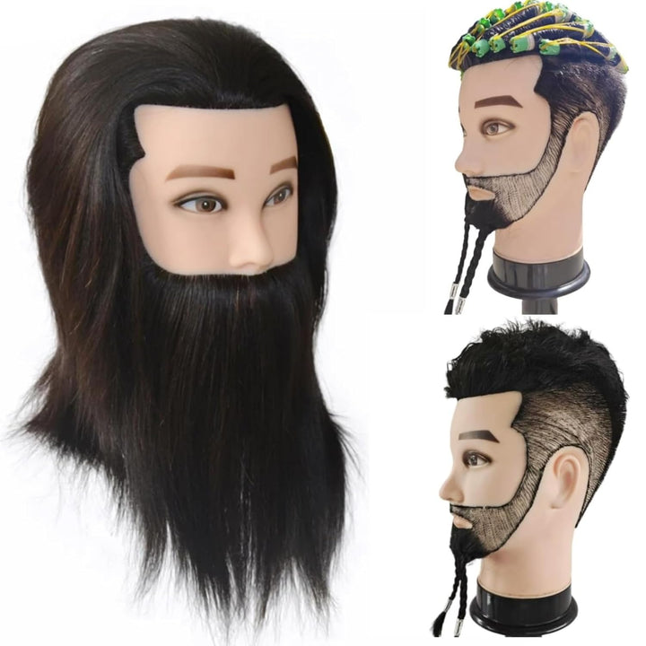 Mannequin Head Human Hair for Hair Styling, Barber Mannequin Head Male with 100% Human Hair and Beard Cosmetology Training Manikin Head with Stand