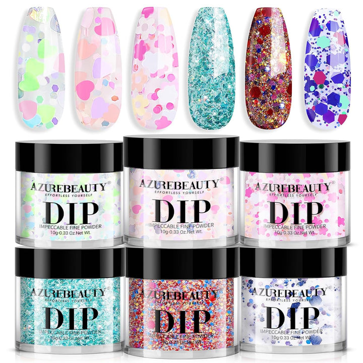 Dip Powder Nail Basic Set White Black Silver Grey Pure Sparkle 6 Colors All Seasons Dipping Powder Starter Kit French Nail Art Manicure DIY Salon for Women, No Need Nail Lamp Cured