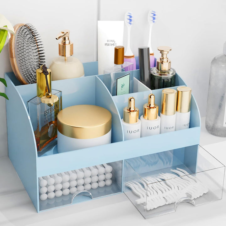 Makeup Organizer with Drawers, Cosmetic Storage for Dresser Vanity and Bathroom Countertop, Beauty Holder for Lipstick Brush, Skincare Organizer for Vanity, Cosmetic Display Case (White)