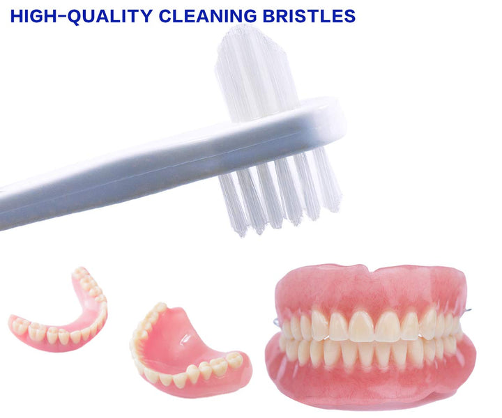 OASISGUEST Denture Cleaning Brush Set, T-Shaped Special Toothbrush, Hard Toothbrush, for Denture Care (Blue, Red, White, 3 Count (Pack of 1))